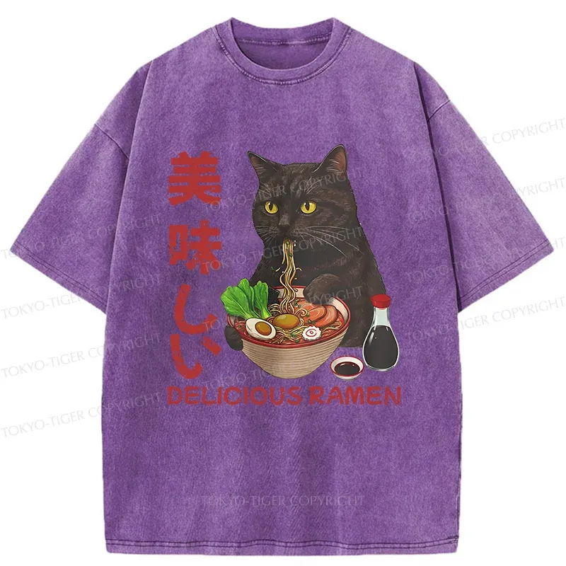 Tokyo-Tiger Black Cat Eating Delicious Ramen Washed T-Shirt