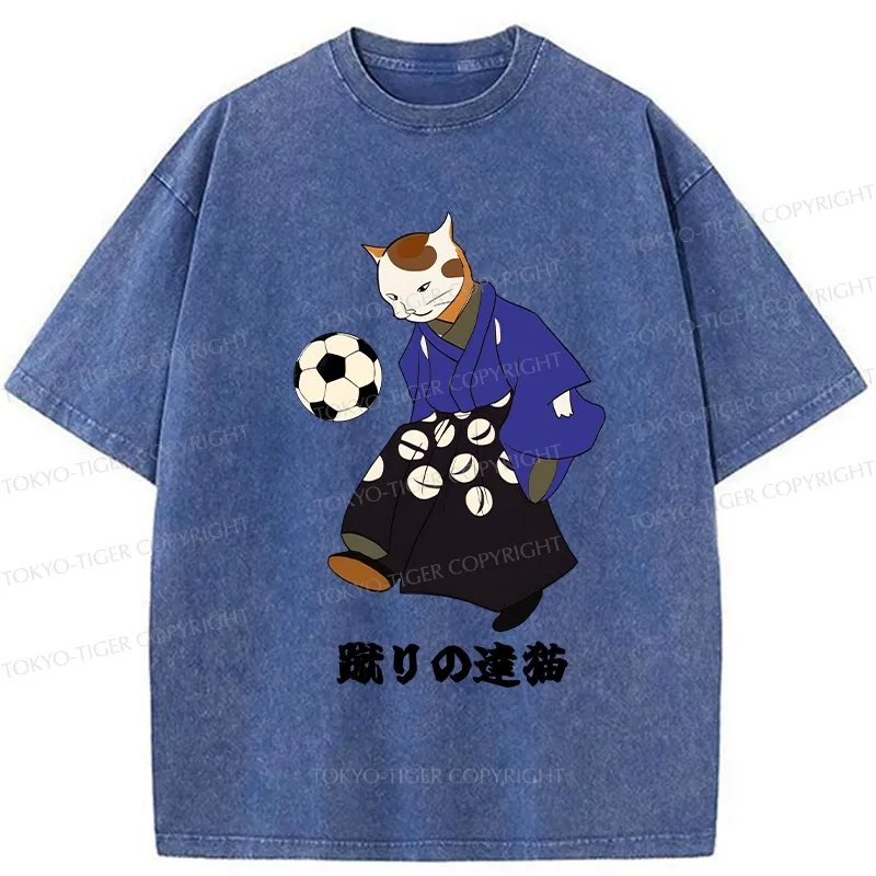 Tokyo-Tiger Cat Playing Football Washed T-Shirt