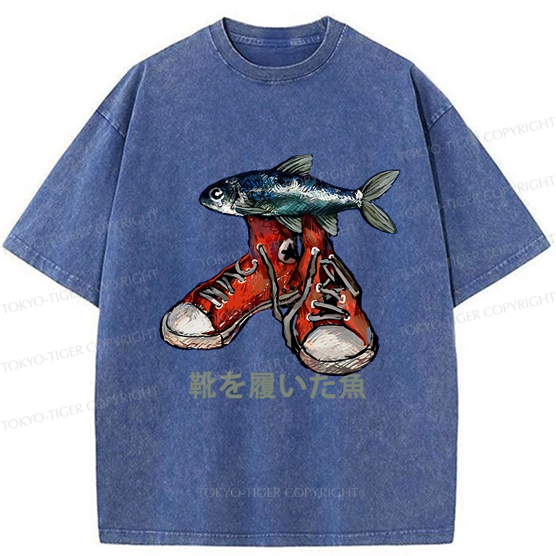 Tokyo-Tiger Fish Wearing Shoes Washed T-Shirt