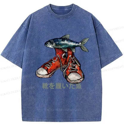 Tokyo-Tiger Fish Wearing Shoes Washed T-Shirt