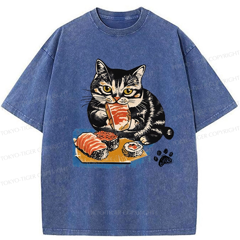 Tokyo-Tiger Sashimi Lover Cat Washed T-Shirt
