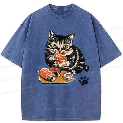 Tokyo-Tiger Sashimi Lover Cat Washed T-Shirt
