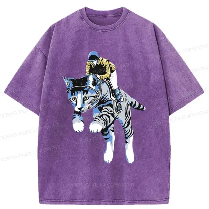 Tokyo-Tiger Cat Riding Skill Washed T-Shirt