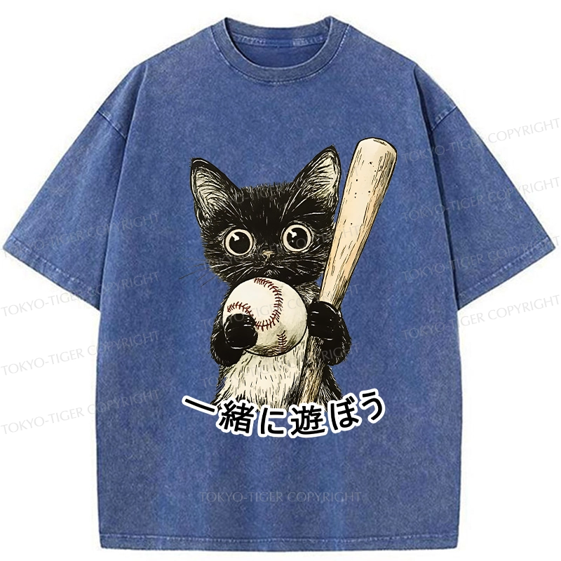 Tokyo-Tiger Cute Cat Playing Baseball Washed T-Shirt