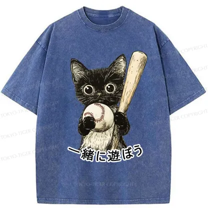 Tokyo-Tiger Cute Cat Playing Baseball Washed T-Shirt