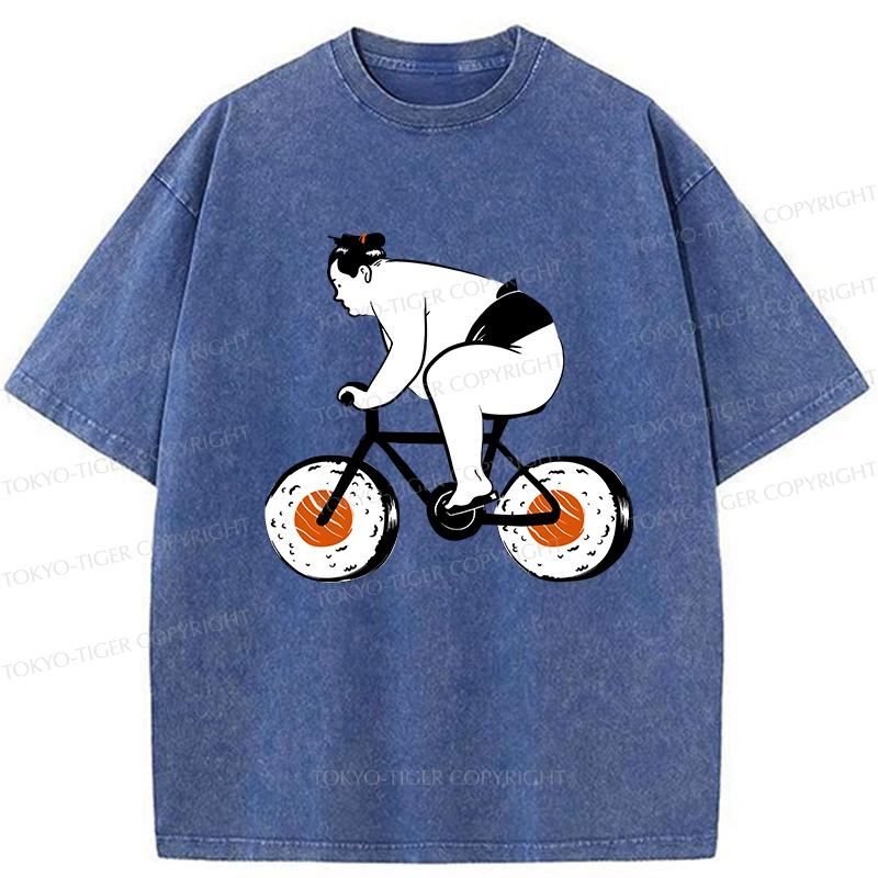 Tokyo-Tiger Sumo Riding A Sushi Bike Washed T-Shirt