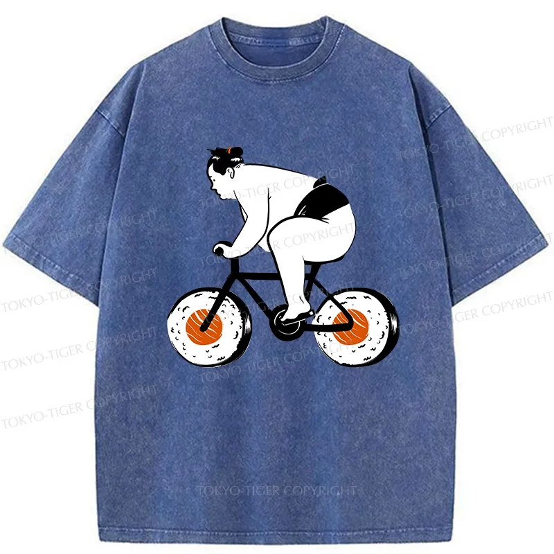 Tokyo-Tiger Sumo Riding A Sushi Bike Washed T-Shirt