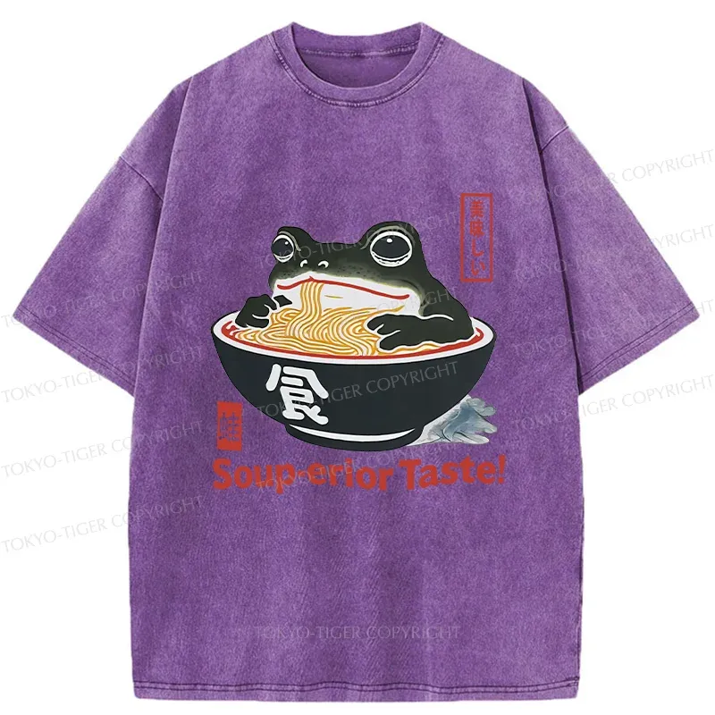 Tokyo-Tiger Retro Frog Eating Ramen Washed T-Shirt