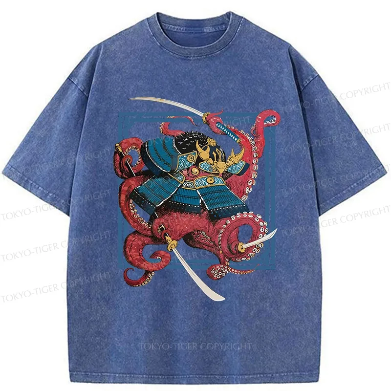Tokyo-Tiger Samurai Octopus Swinging Sword Washed T-Shirt