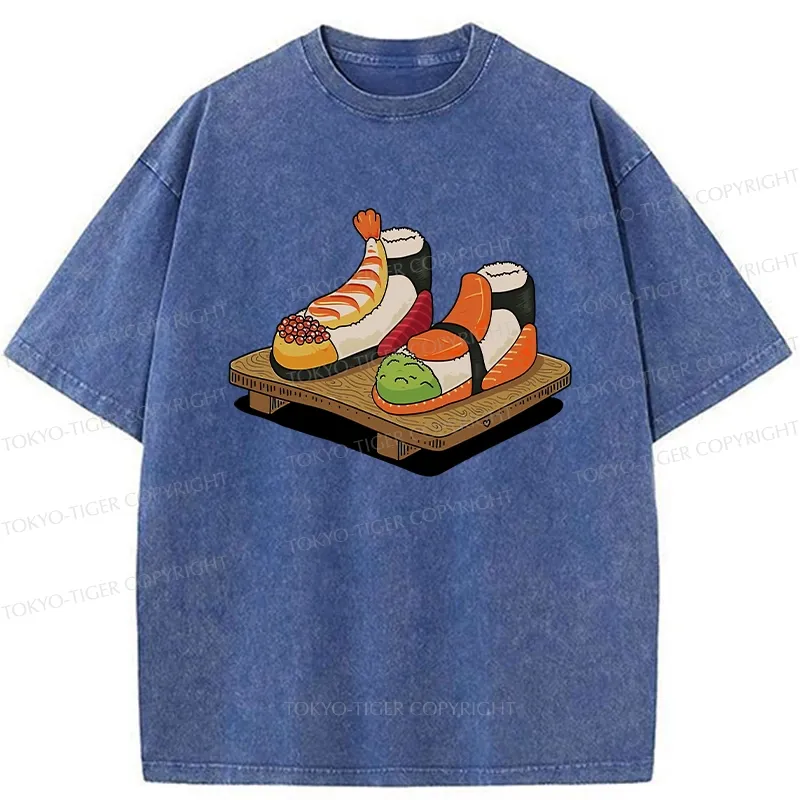 Tokyo-Tiger Funny Sushi Shoes Washed T-Shirt