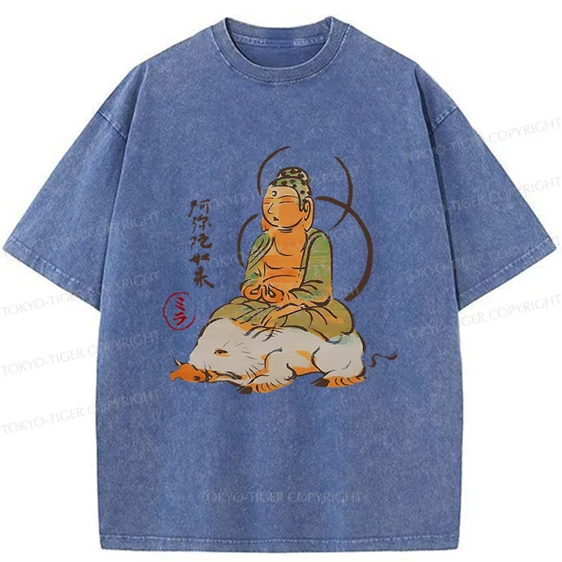 Tokyo-Tiger Buddha Riding A Pig Washed T-Shirt
