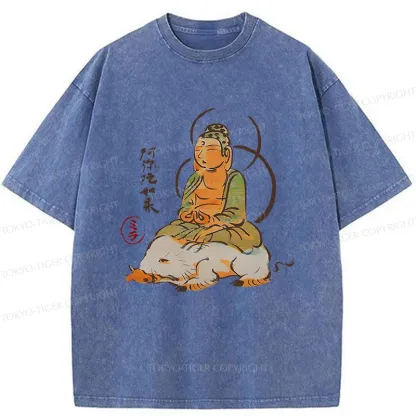 Tokyo-Tiger Buddha Riding A Pig Washed T-Shirt