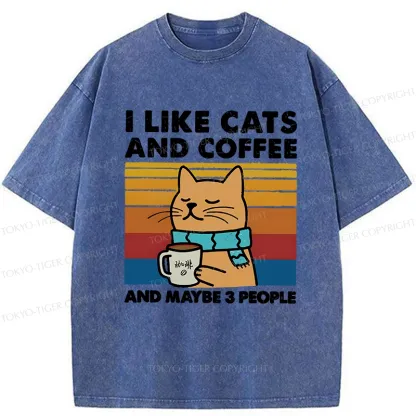 Tokyo-Tiger I Like Cats And Coffee Washed T-Shirt