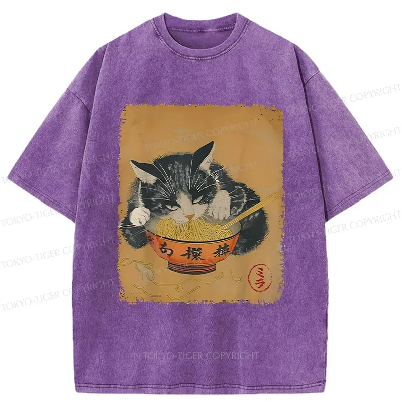 Tokyo-Tiger Vintage Black Cat Eat Ramen Washed T-Shirt