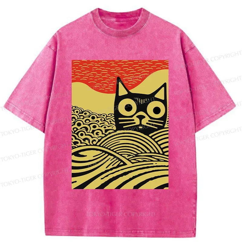 Tokyo-Tiger Woodcut Cat and Wave Washed T-Shirt