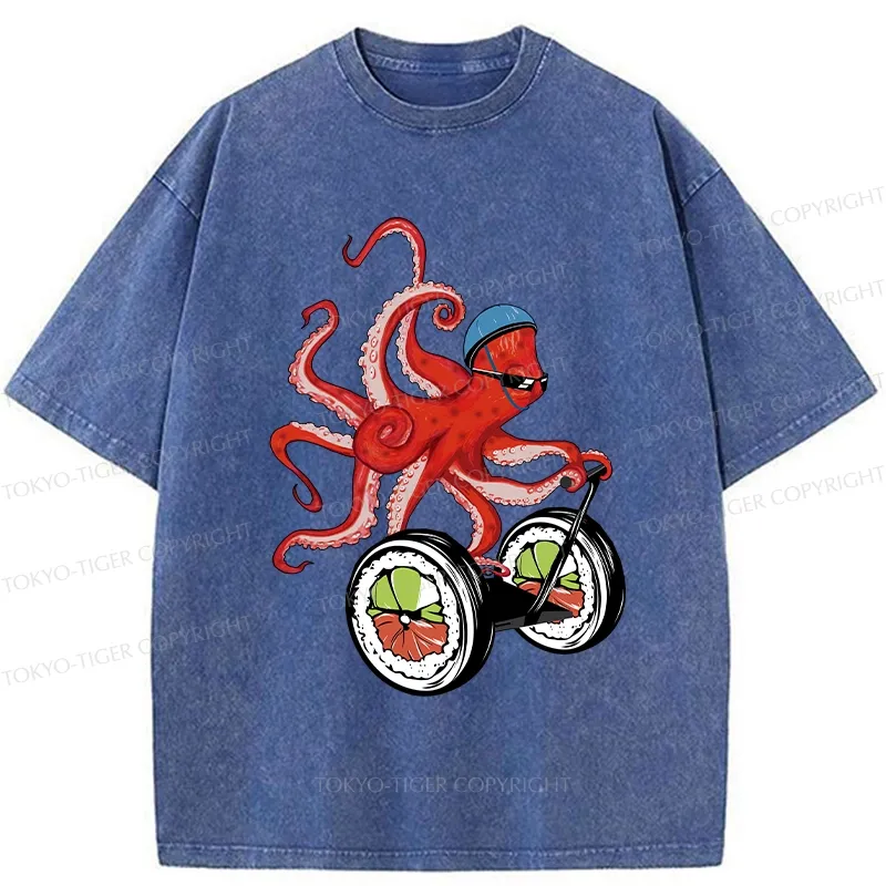 Tokyo-Tiger Octopus Riding A Sushi Cart Washed T-Shirt