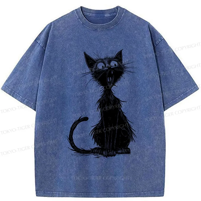 Tokyo-Tiger Surprised Black Cat Washed T-Shirt