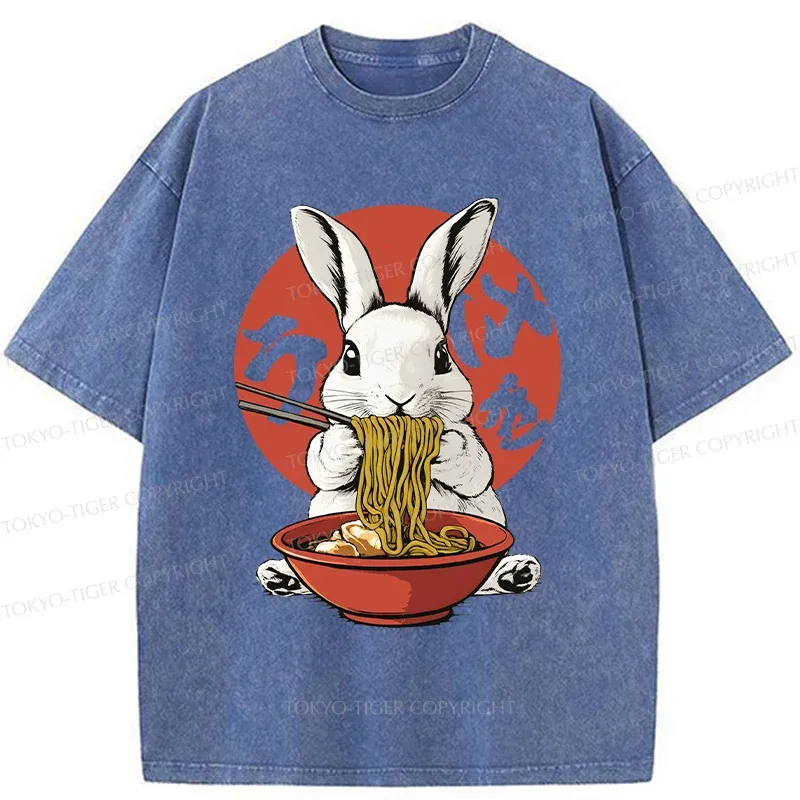 Tokyo-Tiger Rabbit Eating Ramen Washed T-Shirt