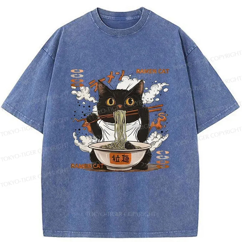 Tokyo-Tiger Cat Chef Eating Ramen Washed T-Shirt