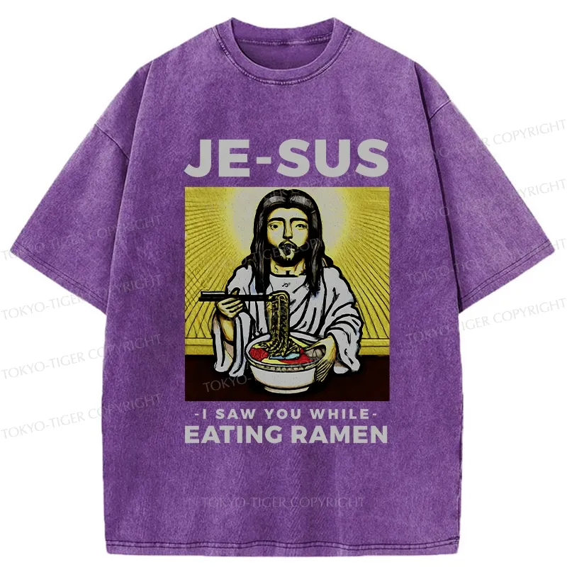 Tokyo-Tiger Jesus Eating Ramen Washed T-Shirt