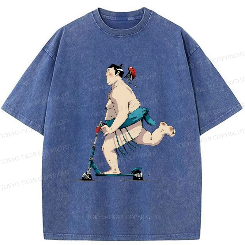 Tokyo-Tiger Sumo On A Scooter Washed T-Shirt