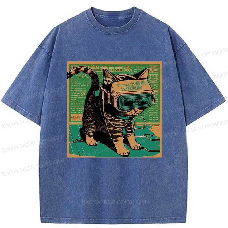 Tokyo-Tiger Cyberpunk Sci-Fi Cat Washed T-Shirt