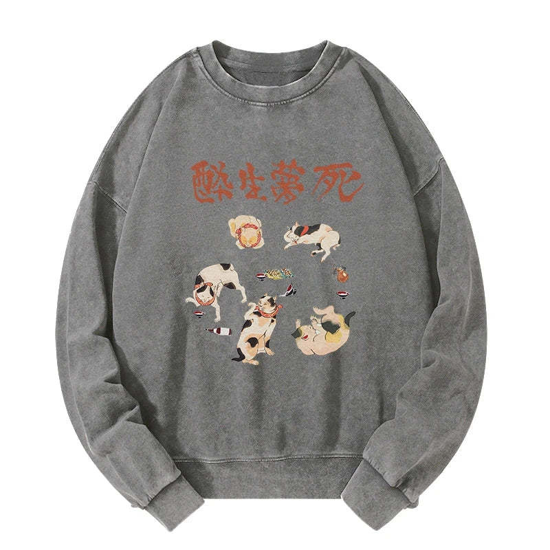 Tokyo-Tiger Drunken Cats Washed Sweatshirt
