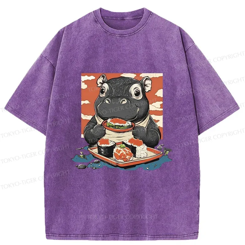 Tokyo-Tiger Moo Deng Eat Sushi Washed T-Shirt
