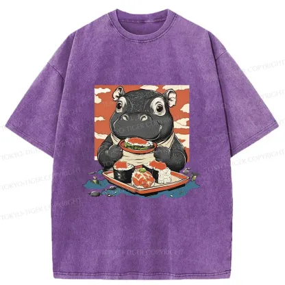 Tokyo-Tiger Moo Deng Eat Sushi Washed T-Shirt