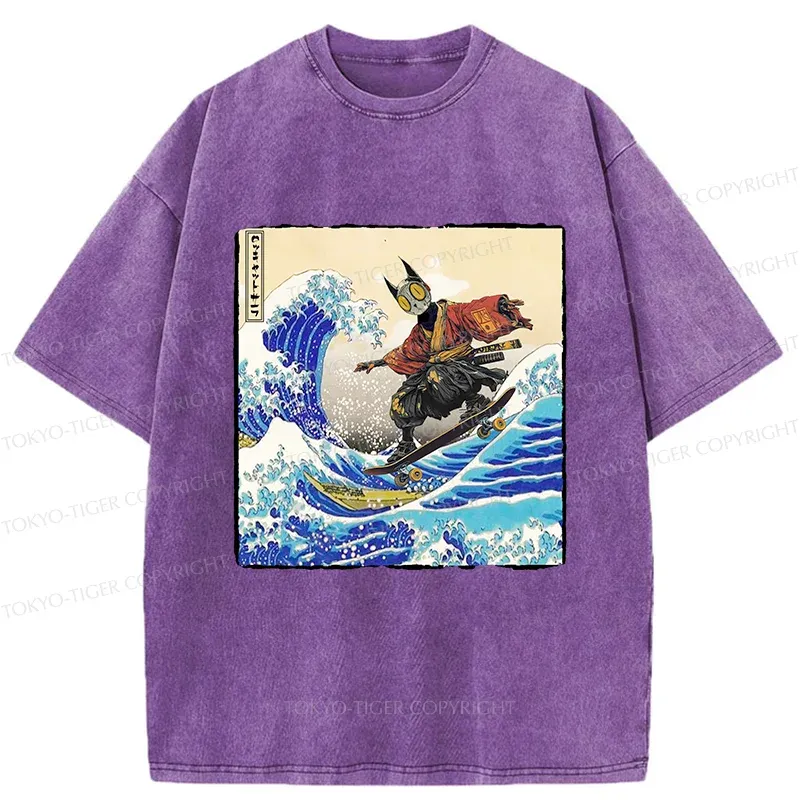Tokyo-Tiger Surfing Machine Cat Washed T-Shirt