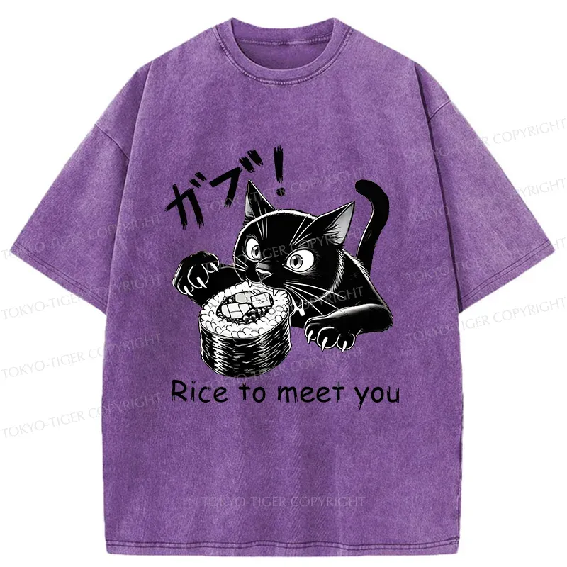 Tokyo-Tiger Fierce Cat Eating Sushi Washed T-Shirt