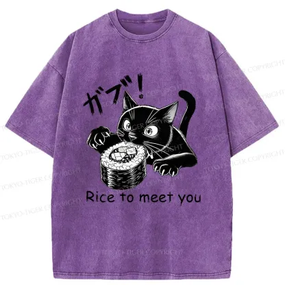 Tokyo-Tiger Fierce Cat Eating Sushi Washed T-Shirt