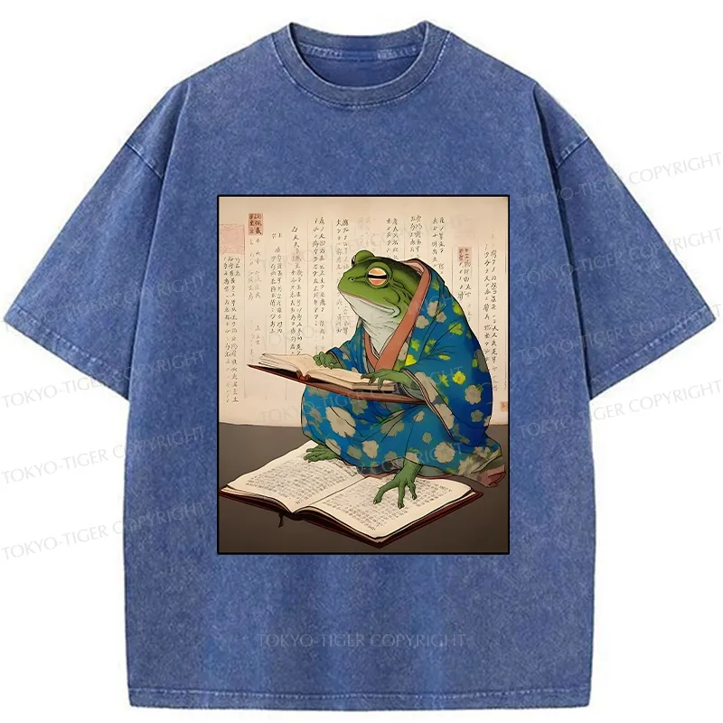 Tokyo-Tiger Frog Reading Japanese Washed T-Shirt