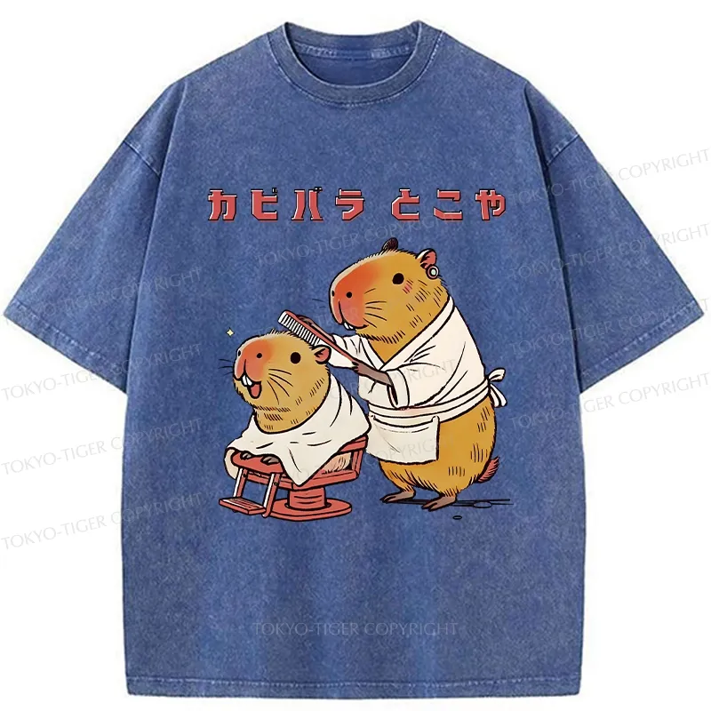 Tokyo-Tiger Funny Capybara Barber Washed T-Shirt