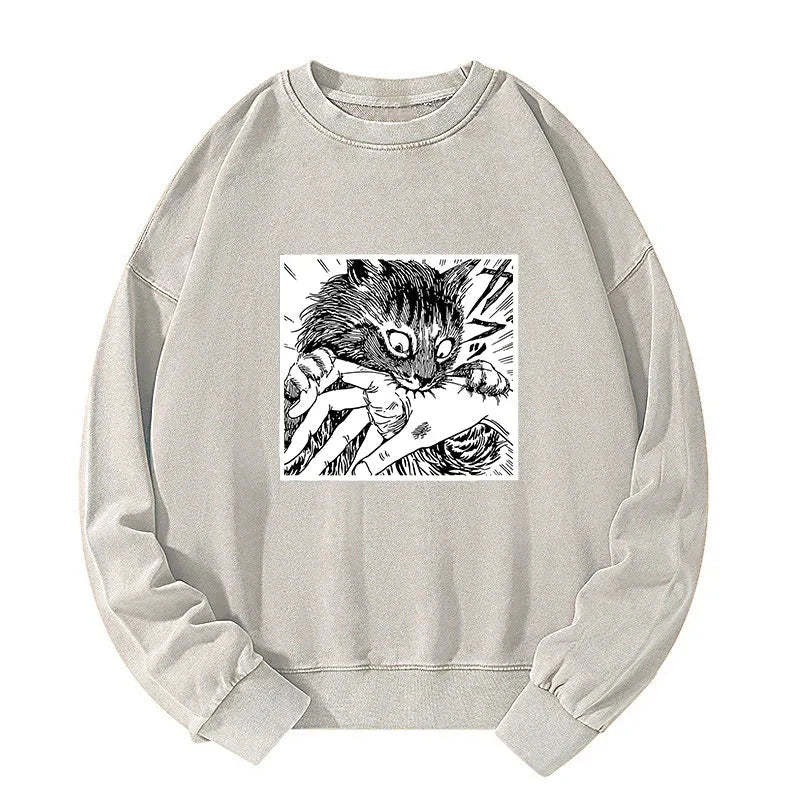 Tokyo-Tiger Creepy Cat Anime Horror Anteater Washed Sweatshirt