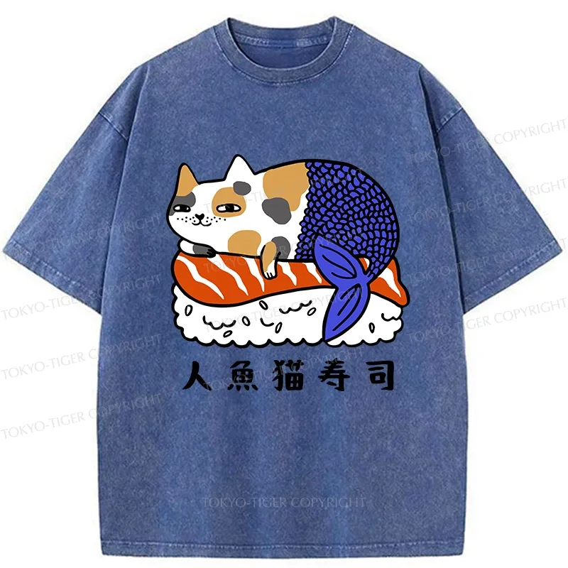 Tokyo-Tiger Mermaid Cat Sushi Washed T-Shirt
