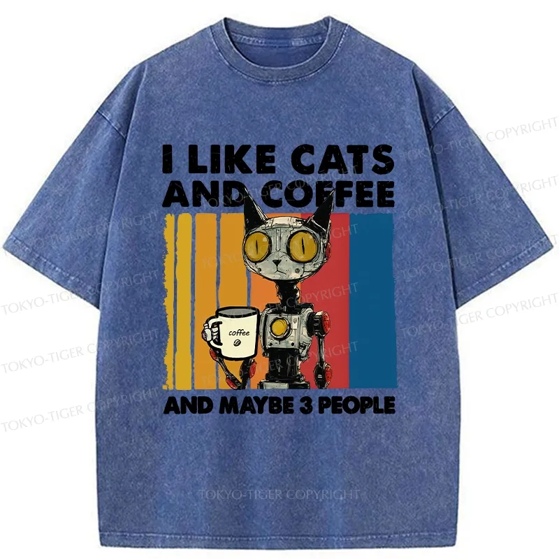 Tokyo-Tiger I Like Robot Cats And Coffee Washed T-Shirt Sale
