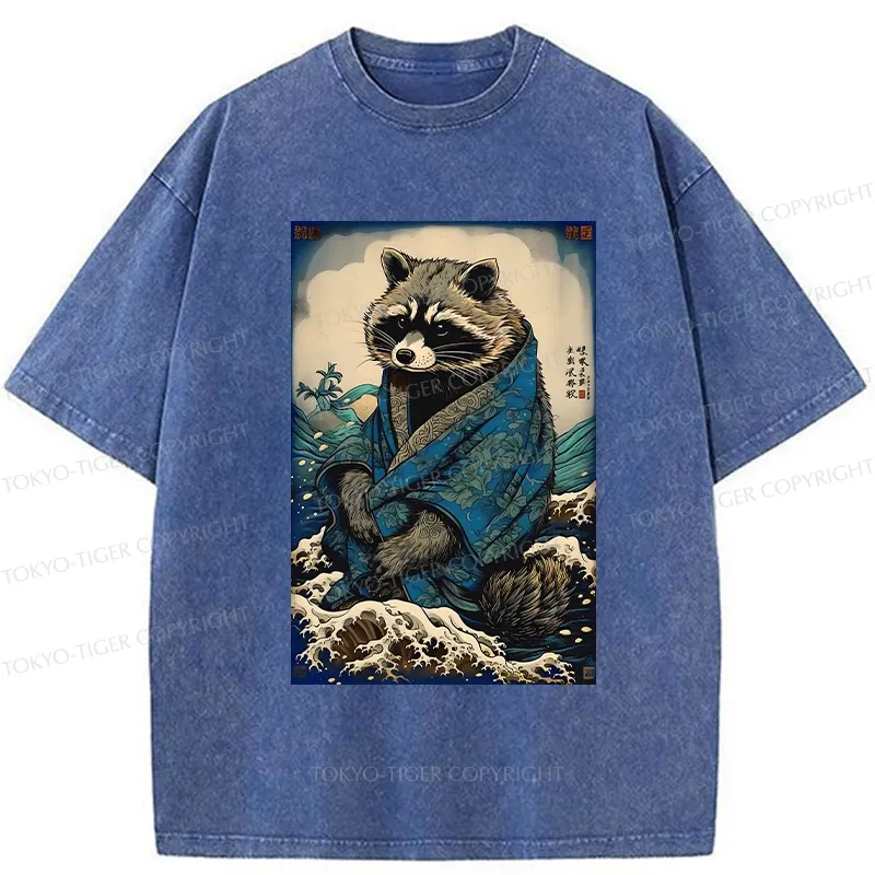 Tokyo-Tiger Raccoon And Waves Washed T-Shirt