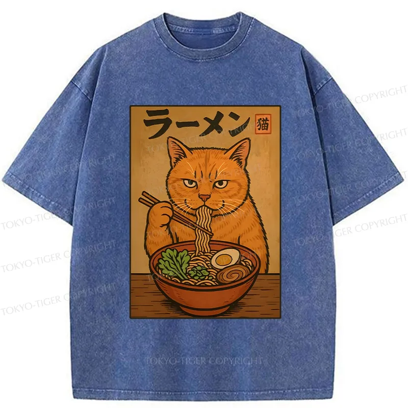 Tokyo-Tiger Ramen Obsessed Cute Cat Washed T-Shirt