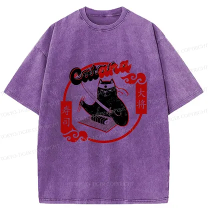 Tokyo-Tiger Cat Sushi Chef Washed T-Shirt