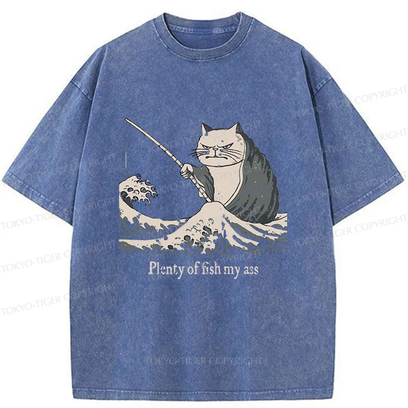 Tokyo-Tiger Kitten Fishing Funny Washed T-Shirt