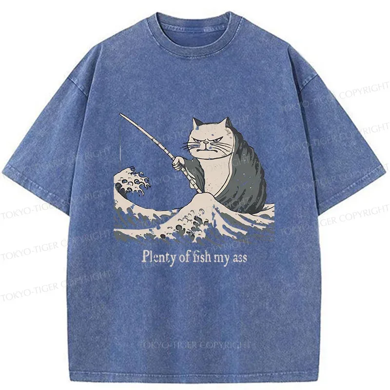 Tokyo-Tiger Kitten Fishing Funny Washed T-Shirt