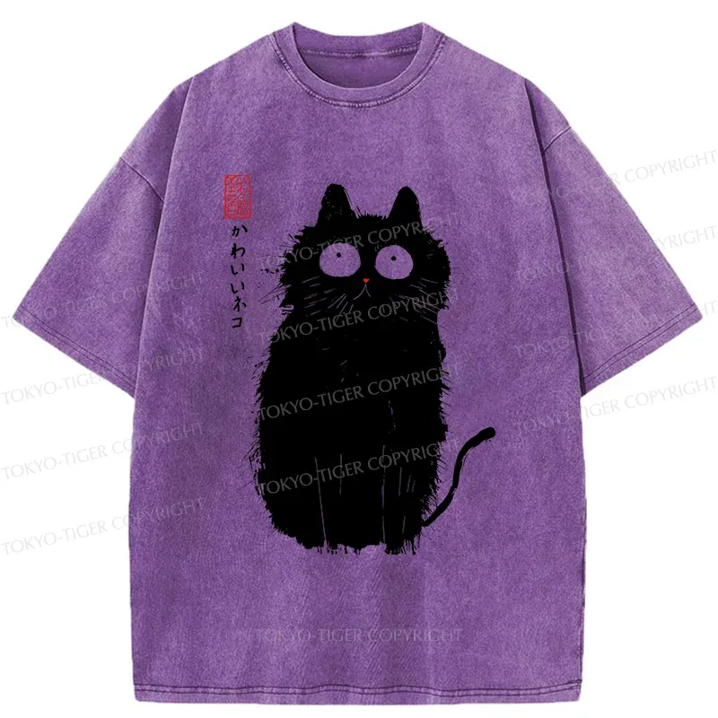 Tokyo-Tiger Black Cat With Puffed-up Fur Washed T-Shirt
