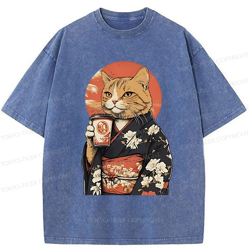 Tokyo-Tiger Cat Drinking Coffee Washed T-Shirt