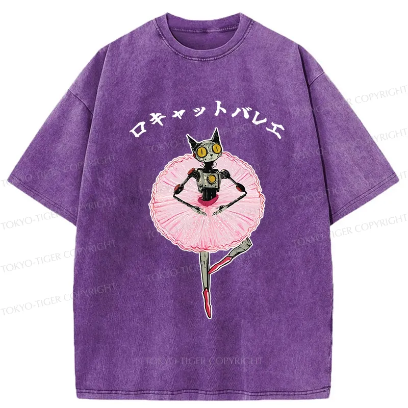 Tokyo-Tiger Ballet Dancing Robot Cat Washed T-Shirt