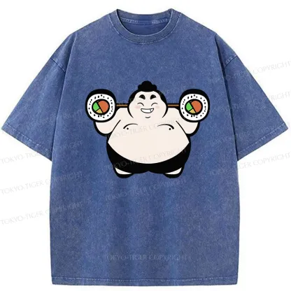 Tokyo-Tiger Funny Sumo Wrestler Lifting Sushi Barbell Washed T-Shirt