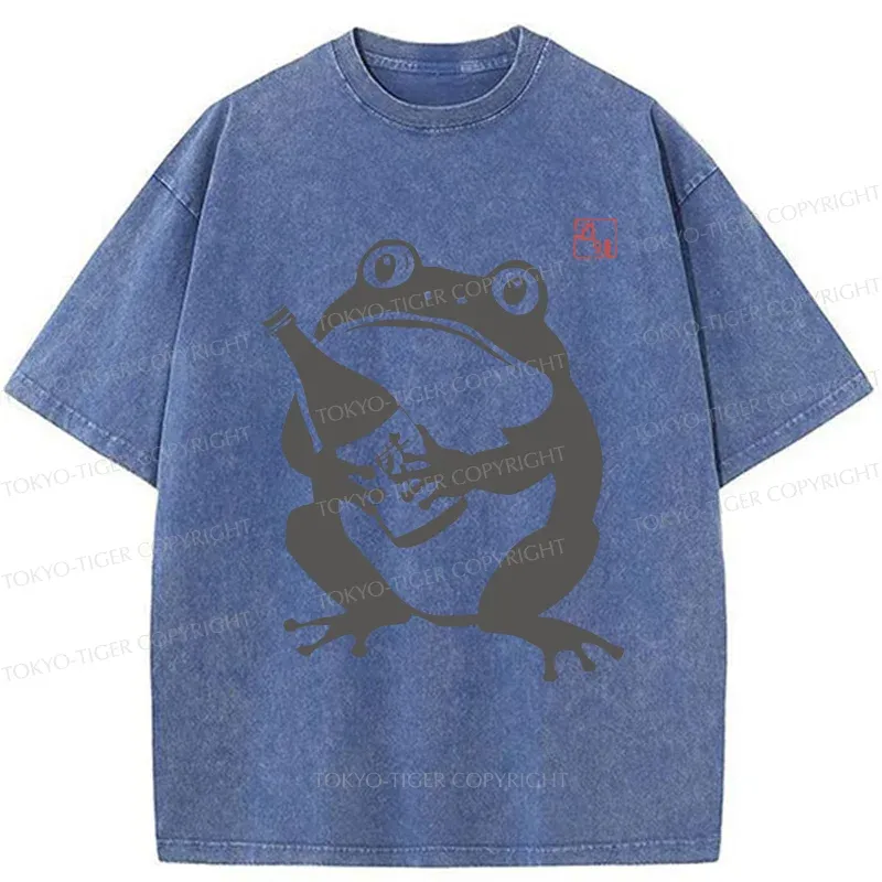 Tokyo-Tiger Retro Frog Holding Wine Washed T-Shirt