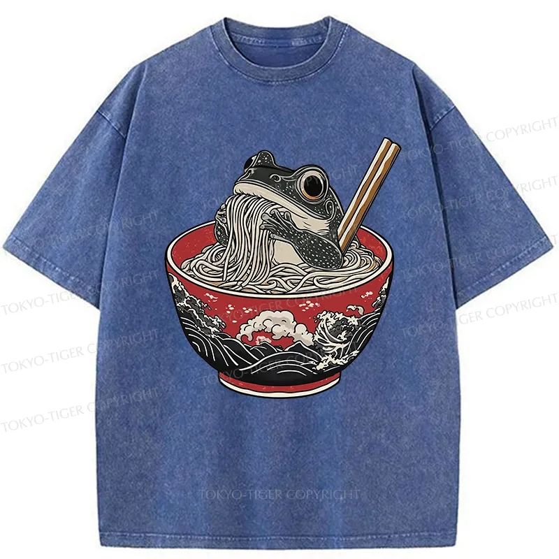 Tokyo-Tiger Funny Frog Eating Ramen In A Bowl Washed T-Shirt