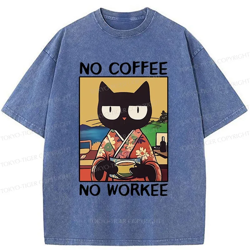 Tokyo-Tiger Cat Drinking Coffee Washed T-Shirt