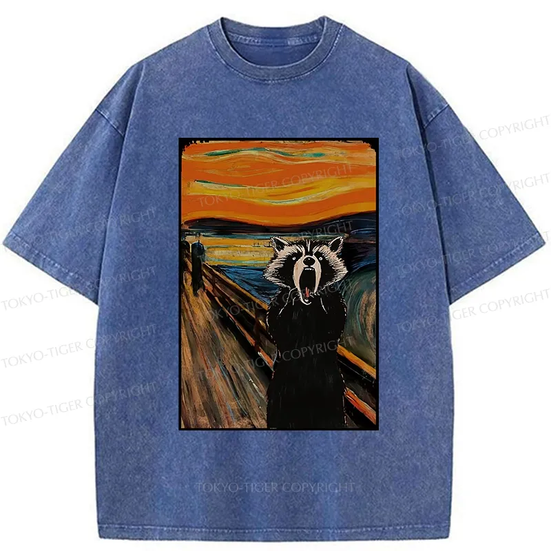 Tokyo-Tiger Funny Screaming Raccoon Washed T-Shirt